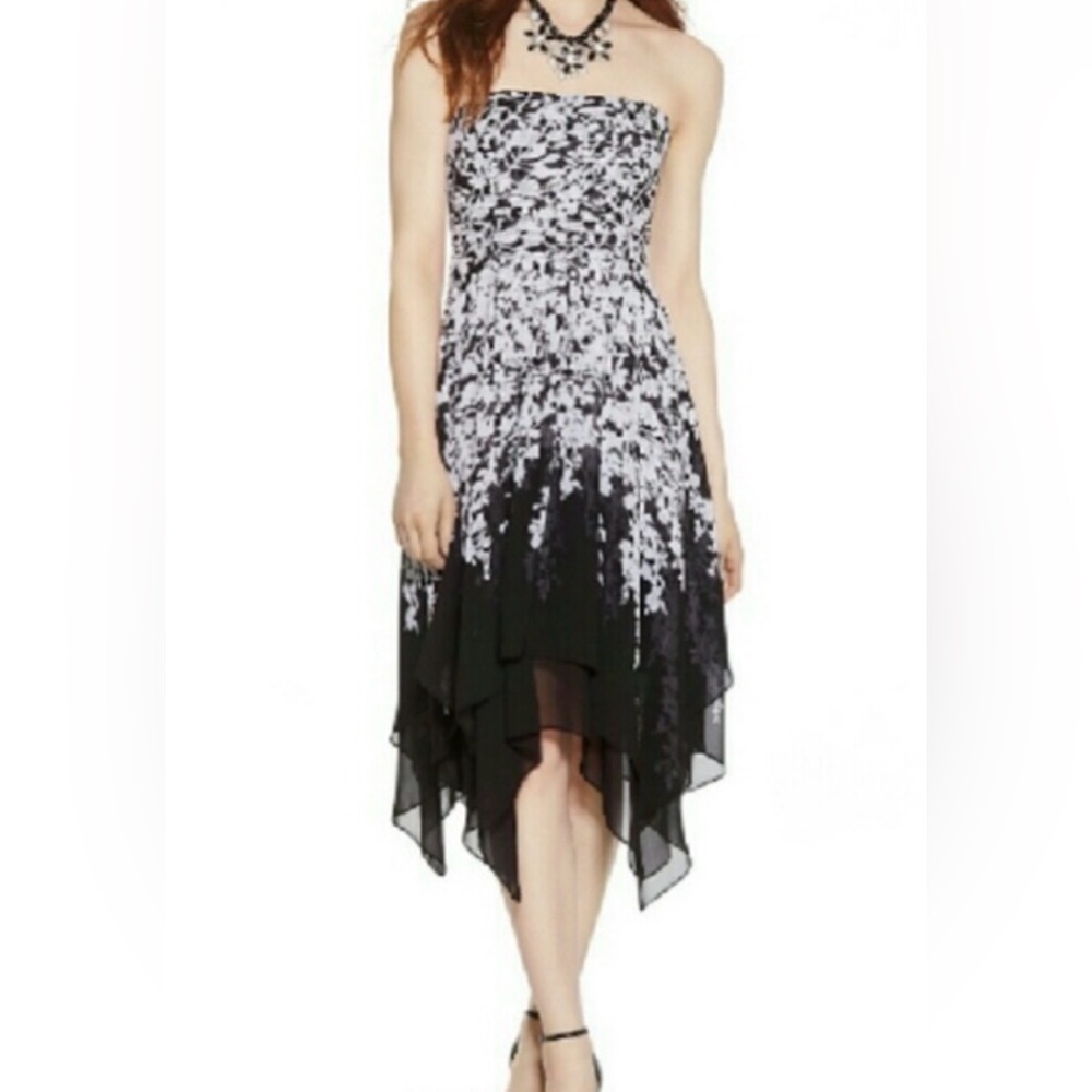 BR Strapless Black & White Floral Dress Size‎ 8 Empire Waist EUC